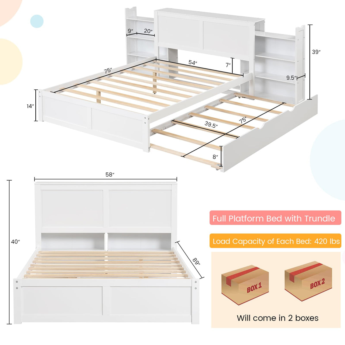 Goflame Full Bed Frame with Twin Trundle, Wooden Bed Wooden Bed Frame with 2 Rolling Bookcases & High Headboard