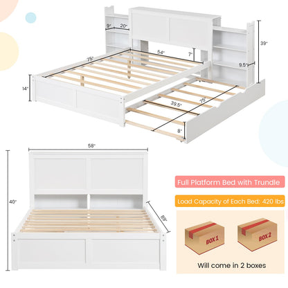 Goflame Full Bed Frame with Twin Trundle, Wooden Bed Wooden Bed Frame with 2 Rolling Bookcases & High Headboard