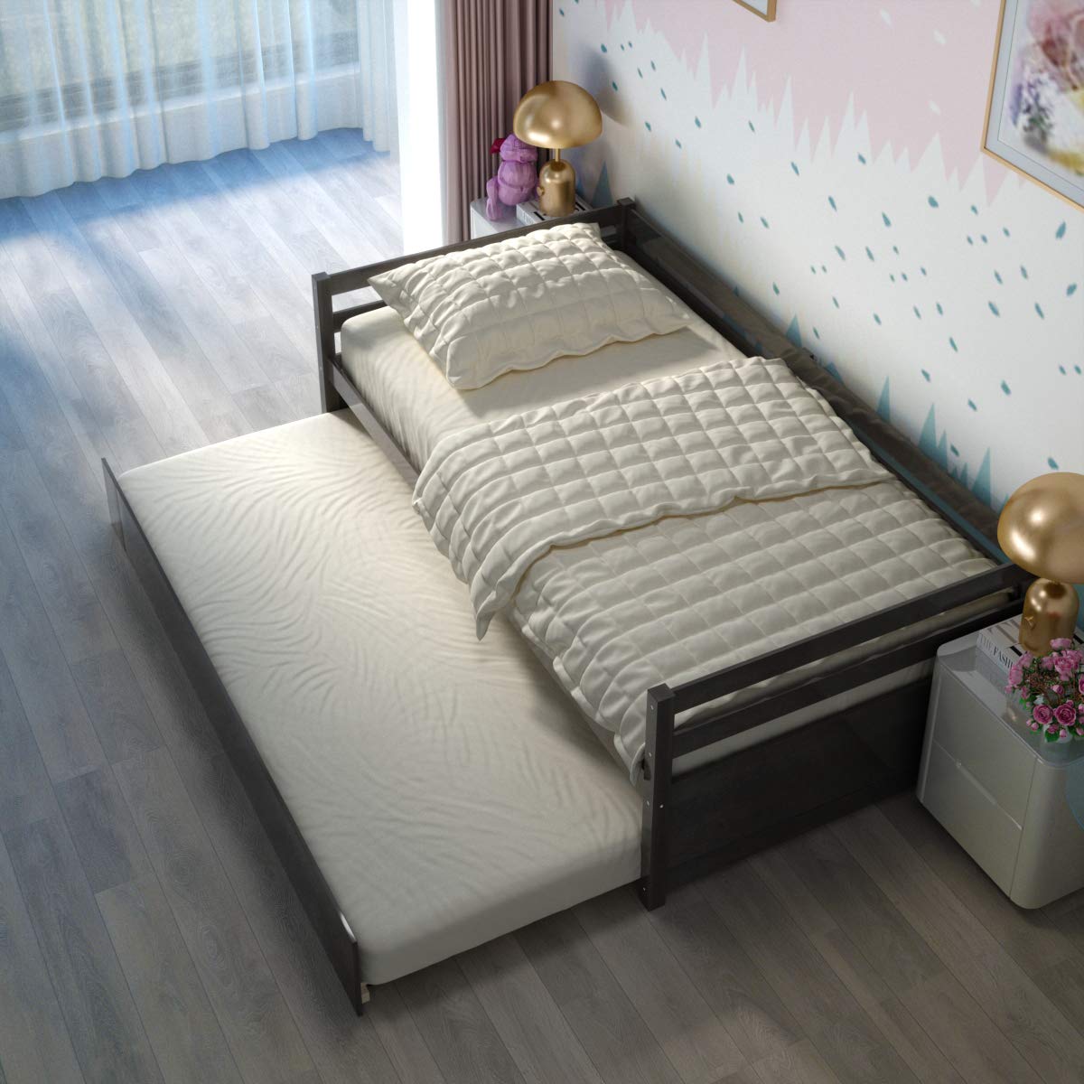 Goflame Wood Daybed with a Trundle, Twin Trundle Daybed with Durable Slat Support