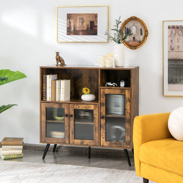 Goflame Storage Cabinet, Industrial Buffet Sideboard with Storage, 3 Door Wood Cupboard, 2 Creadenzas 2 Shelves