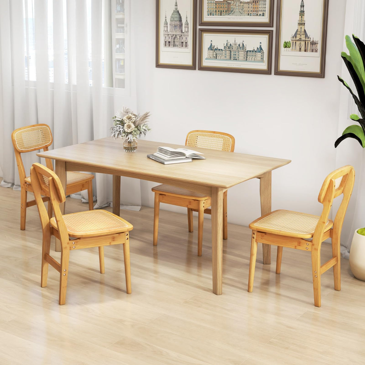 Goflame Rattan Dining Chairs Set of 2, Boho Cane Kitchen Chairs, Max Load 300 Lbs