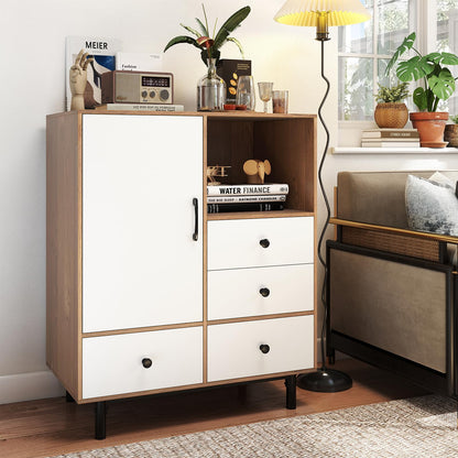 Goflame Storage Cabinet with 4 Drawers Door & Open Compartment, Metal Support Legs