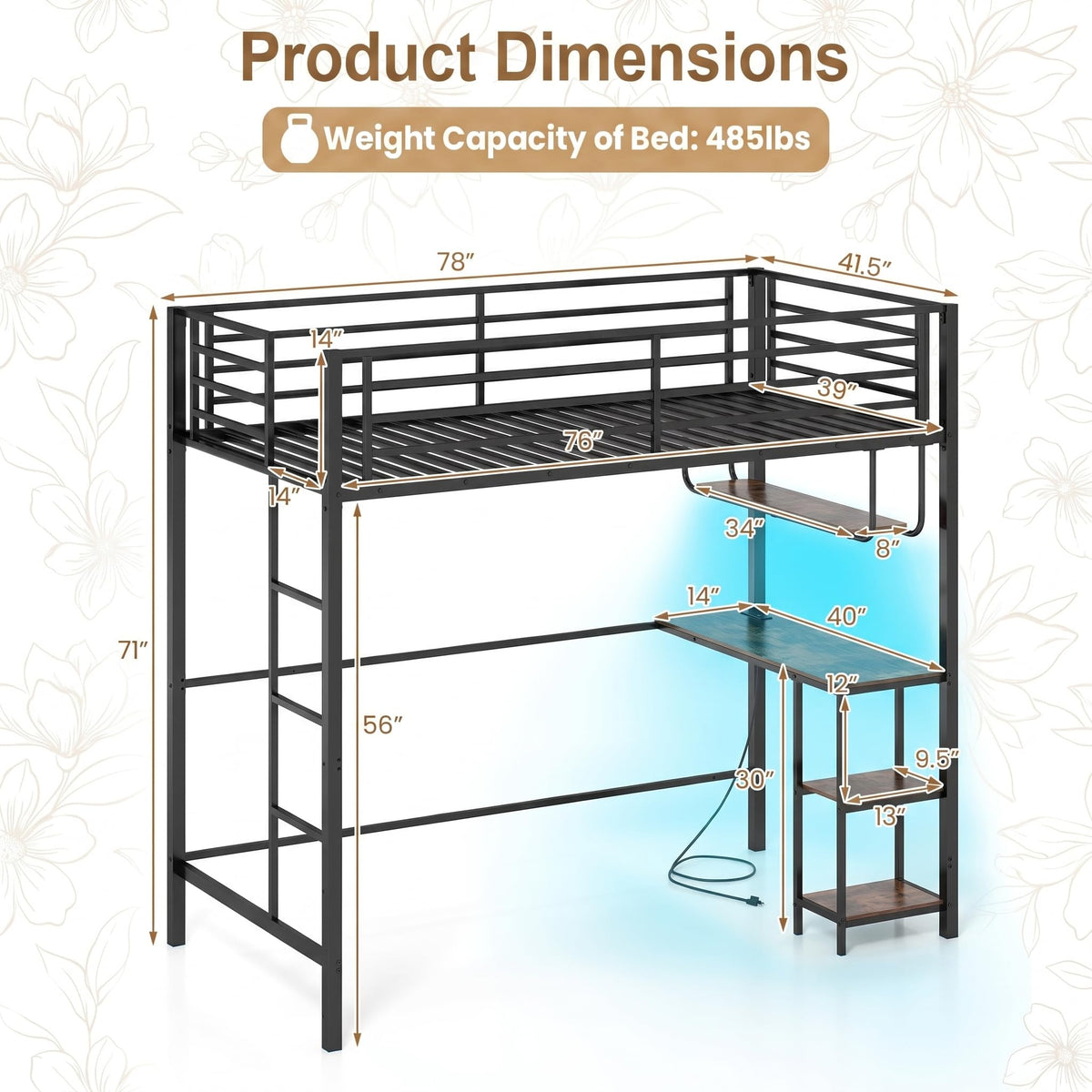 Goflame Twin Loft Bed with Desk LED Lights & Charging Station