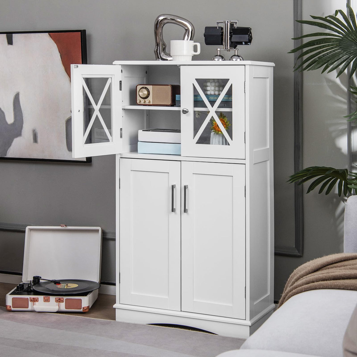 Goflame Bathroom Floor Storage Cabinet - Linen Floor Cabinet with Doors and Adjustable Shelves