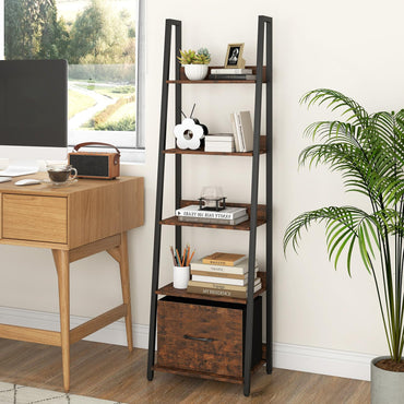 Goflame 5-Tier Industrial Ladder Bookshelf with Removable Fabric Drawer (1/2)