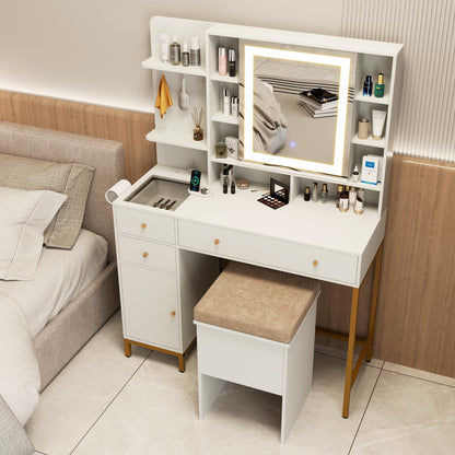 Makeup Vanity Set with Mirror and Lights, White Makeup Desk and Chair Set with Charging Station