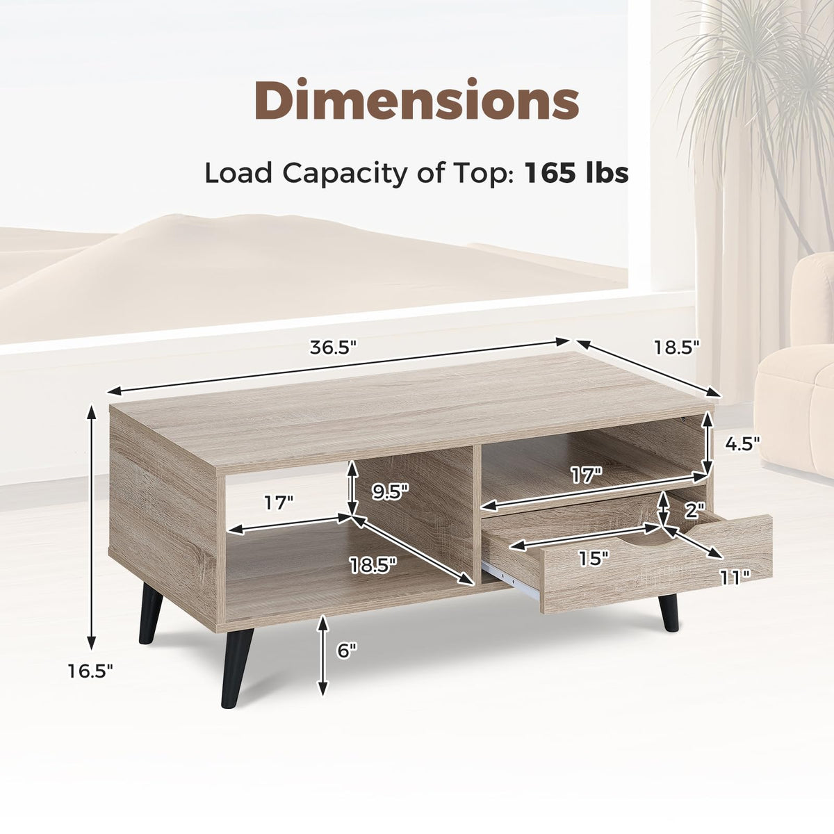 Goflame Wood Coffee Table with Storage Drawer 36.5 Inch Rustic Center Table