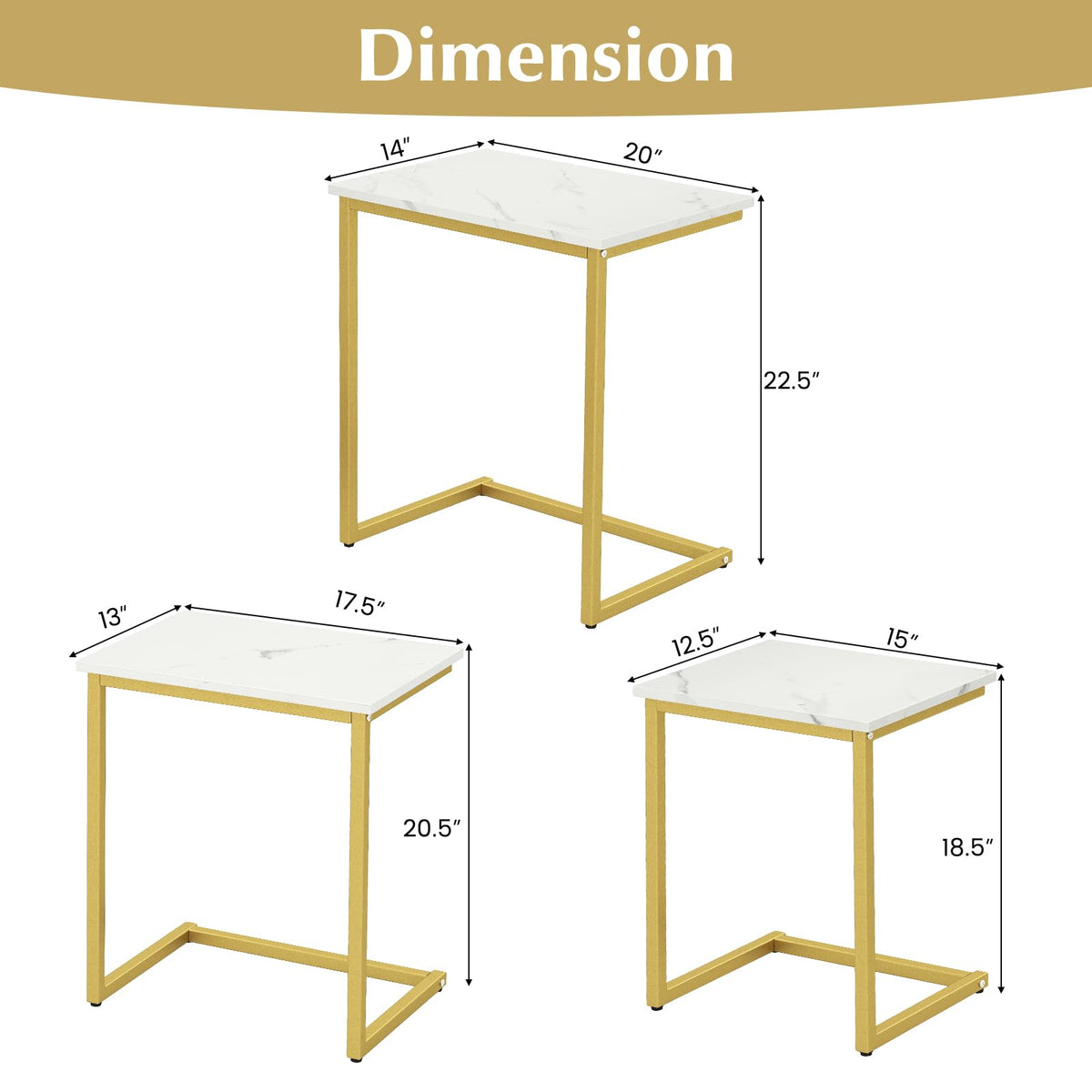 Goflame Nesting Coffee Table Set of 3 Stackable Square End Table w/Faux Marble Tabletop & Heavy-Duty Metal Frame