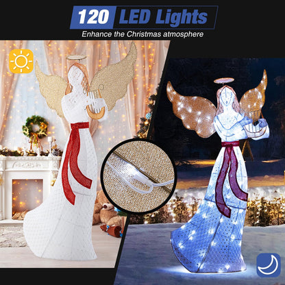 Goflame 5 FT Christmas Lighted Angel, Pre-Lit Winged Holiday Figure Angel with 120 Cold White LED Lights
