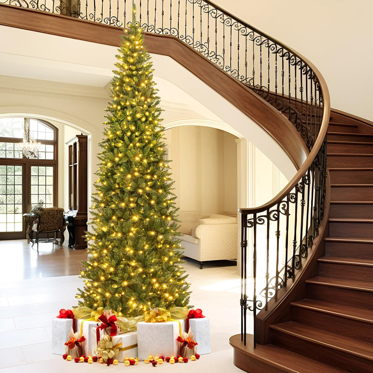 Goflame 12ft Pre-Lit Artificial Christmas Tree with 360° Quick Power Connector