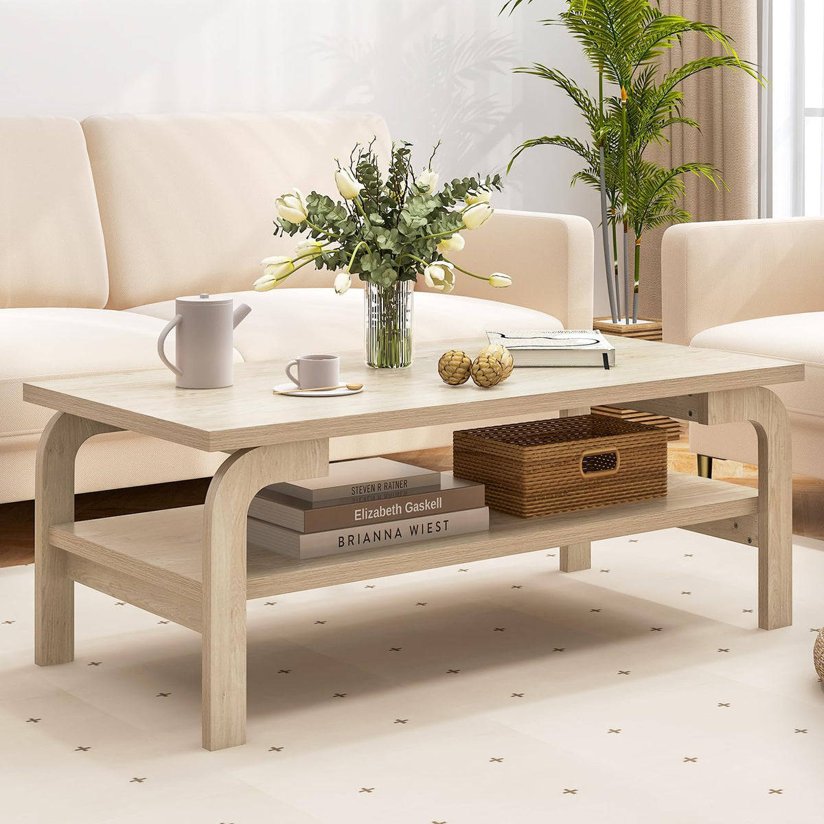 Goflame 2-Tier Coffee Table with Storage, 47” Mid Century Rectangle Accent Table with Open Shelf