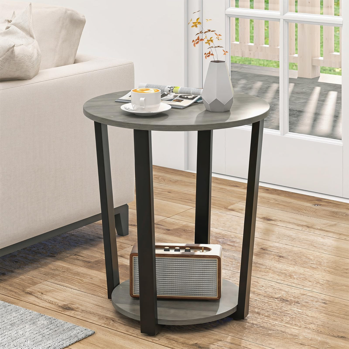 Goflame Round End Table with Open Storage Shelf and Metal Frame