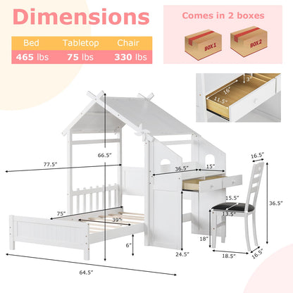 Goflame Twin House Bed with Desk & Chair, Wood Kids Playhouse Bed with 2 Drawers