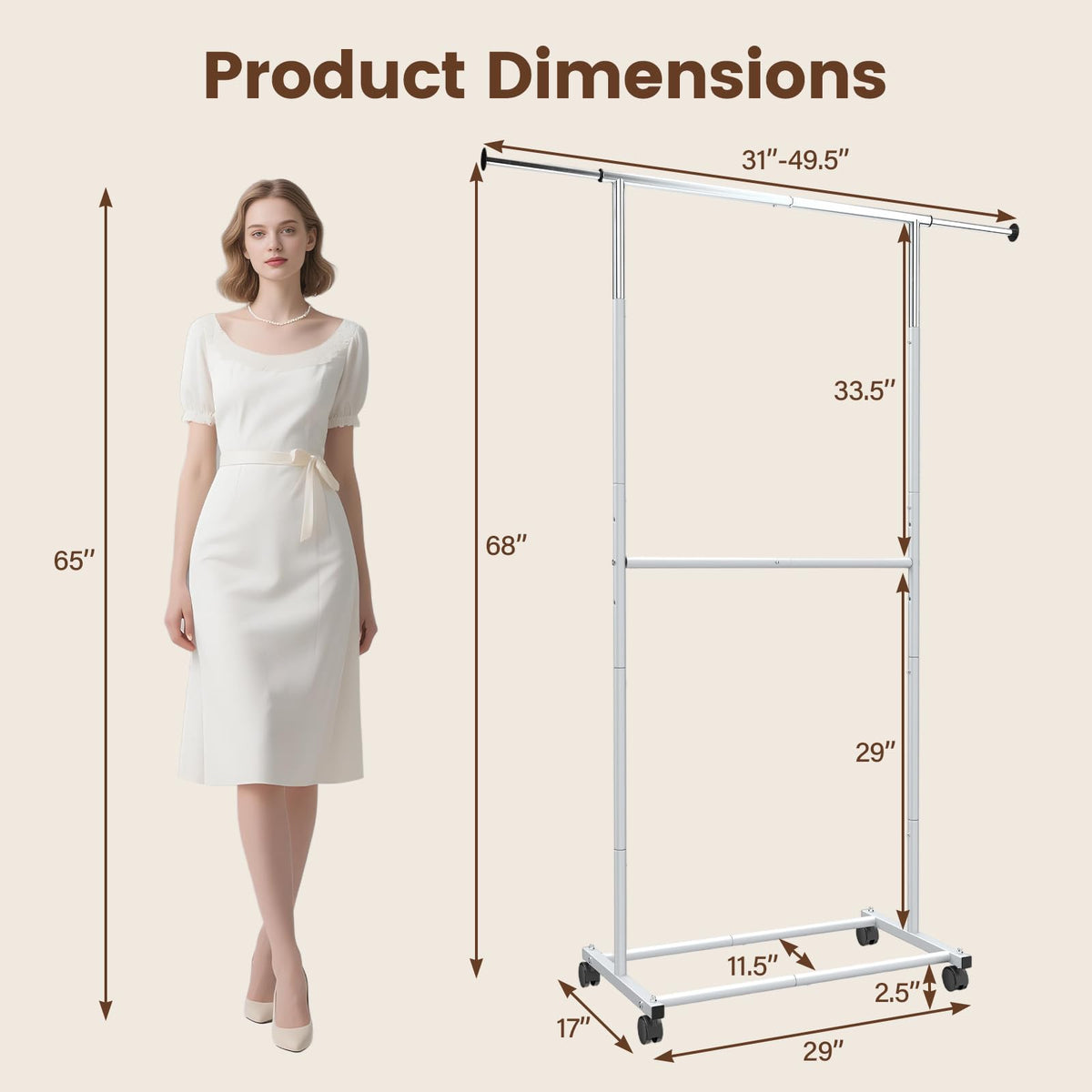 Goflame Extendable Double-Rod Rolling Clothing Rack for Hanging Clothes