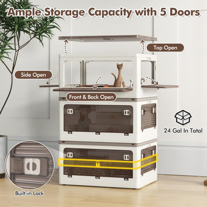 Goflame Storage Bins with Lids and Hidden Wheels, 3/6 Pack Stackable Collapsible Storage Boxes with 5 Opening Doors