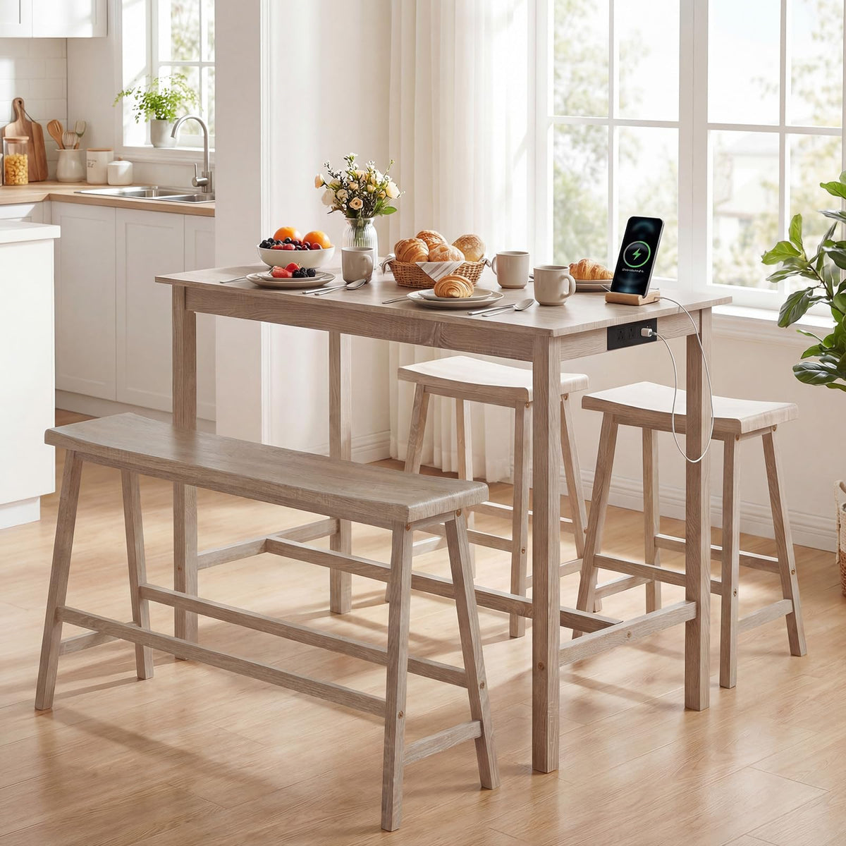 Goflame 4-Piece Counter Height Dining Table Set with Power Outlet
