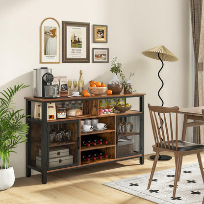 Goflame Coffee Bar Cabinet for Liquor and Glasses, 55” Buffet Sideboard with 8-Bottle Wine Racks, 6 Rows of Wine Glass Holders