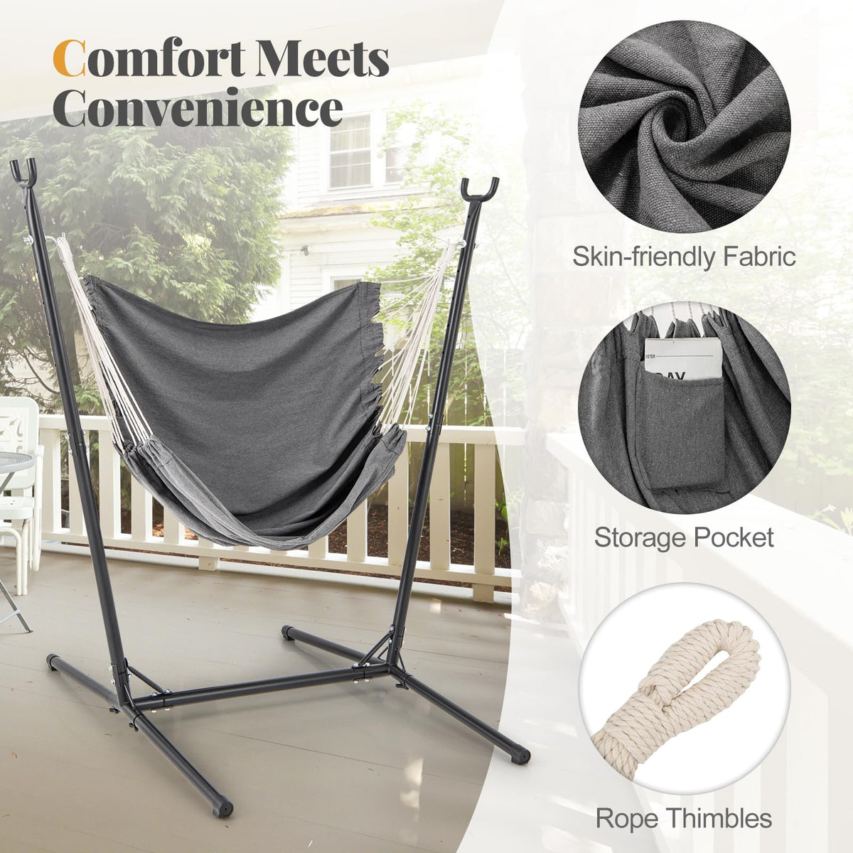 Goflame Hammock Chair with H-Shaped Stand - Heavy Duty Swing Chair with 6-Position Adjustable Height and Side Pocket