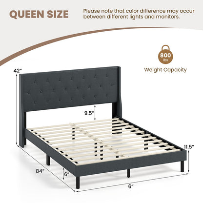 Goflame Queen Size Upholstered Bed Frame Linen Fabric Platform Bed with Button Tufted Wingback Headboard