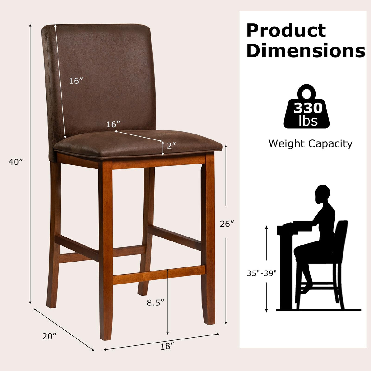 Goflame 26" Bar Stools Set of 2/4 Upholstered Counter Height Bar Chairs with Solid Rubber Wood Legs