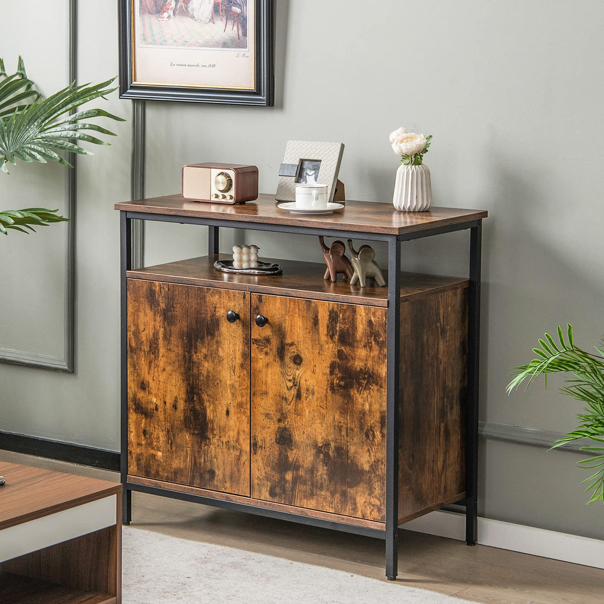 Goflame Buffet Cabinet with Shelf - 2 Door Sideboard Kitchen Storage Cupboard with Shelves (Rustic Brown)
