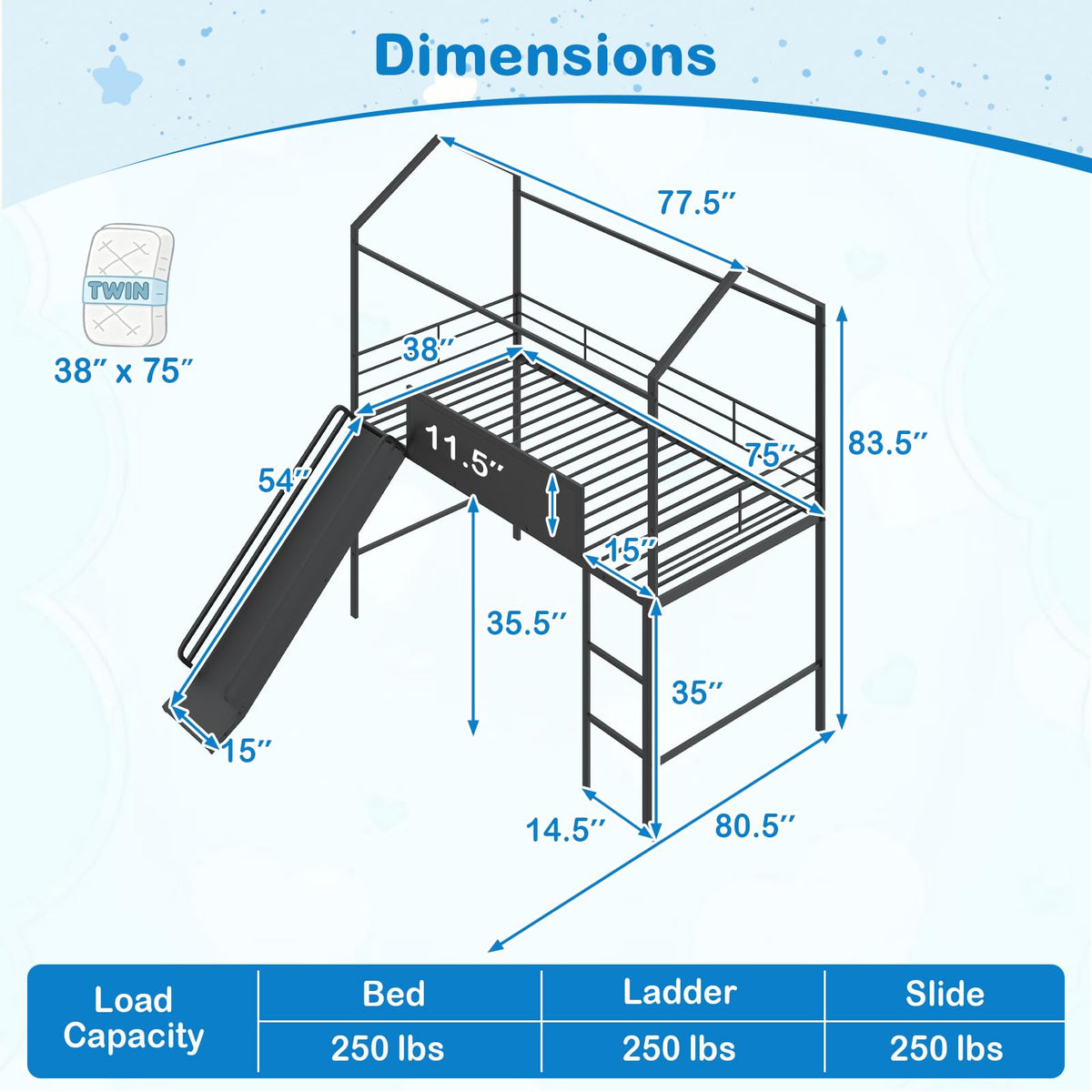 Goflame Twin Size House Loft Bed | Low Loft Bedframe w/Roof