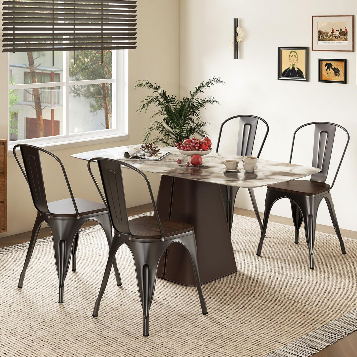 Goflame Metal Dining Chairs Set of 4, Stackable Kitchen Chairs with Wood Seat & Removable Backrest