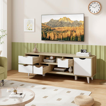 Goflame TV Stand for 55 Inches TVs, Mid Century Modern Entertainment Center with 4 Drawers, 1 Cabinet, Adjustable Shelf, 2 Compartments