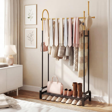 Goflame Double Rod Freestanding Clothes Rack with 5 Coat Hooks