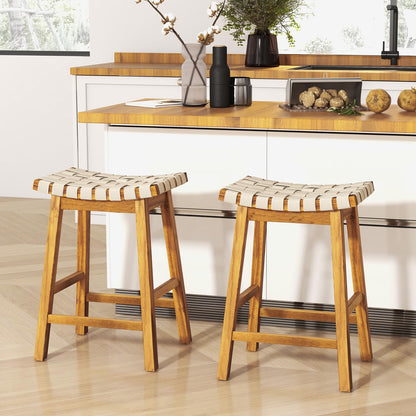 Goflame 25.5/31" Woven Bar Stools Set of 2/4, Faux PU Leather Counter Height Saddle Stools with Woven Curved Seat