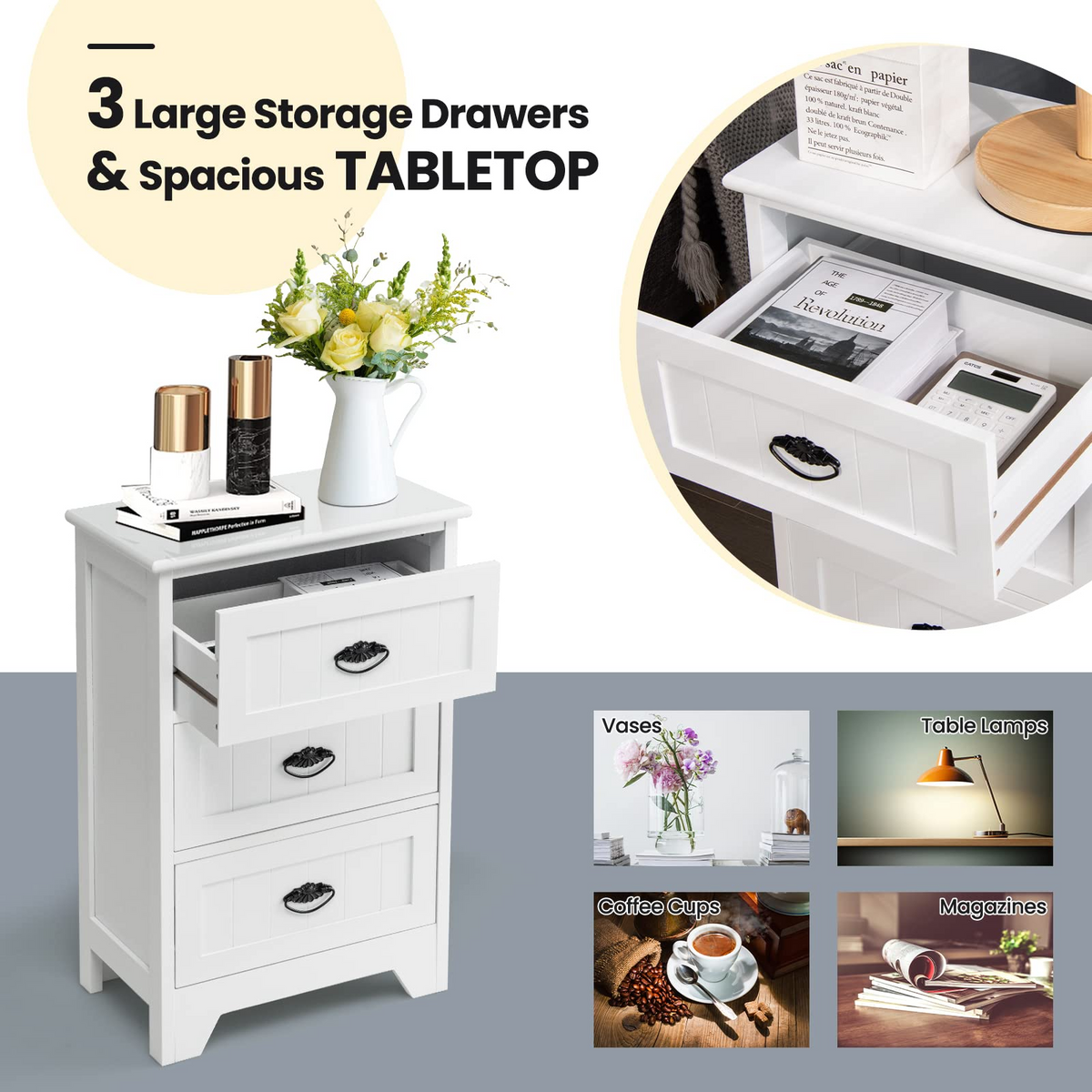 Goflame Nightstand with 3 Drawers, Bedside Table