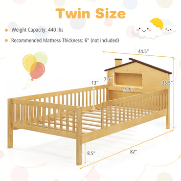 Goflame Twin Bed Frames for Kids, Solid Wood Montessori Bed with House-Shaped Headboard & Built-in Storage Shelf