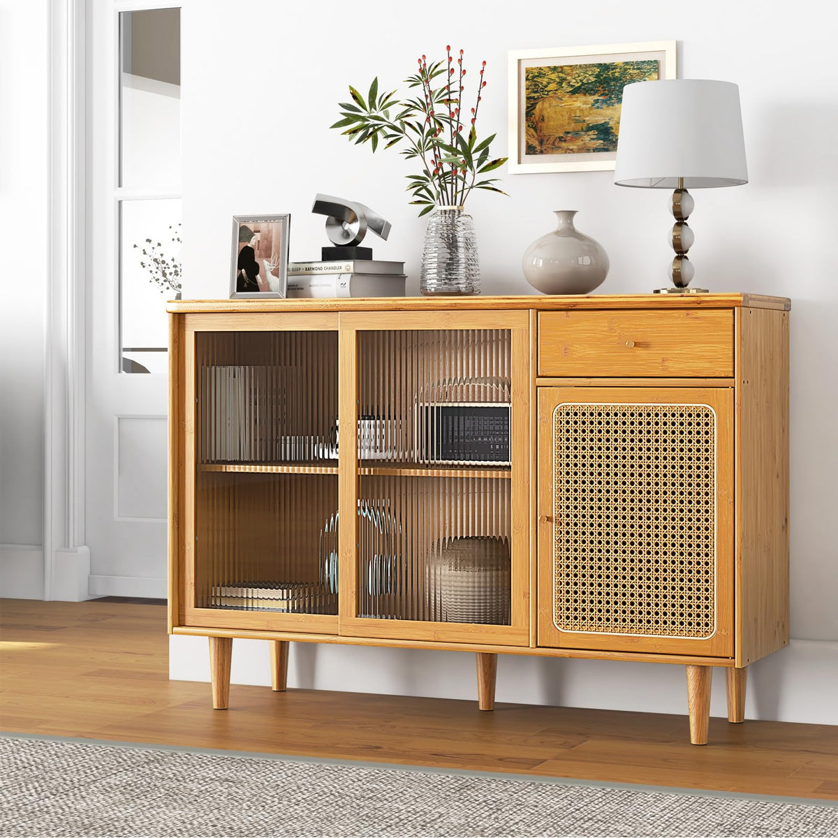 Goflame Sideboard, Bamboo Buffet Cabinet with Storage