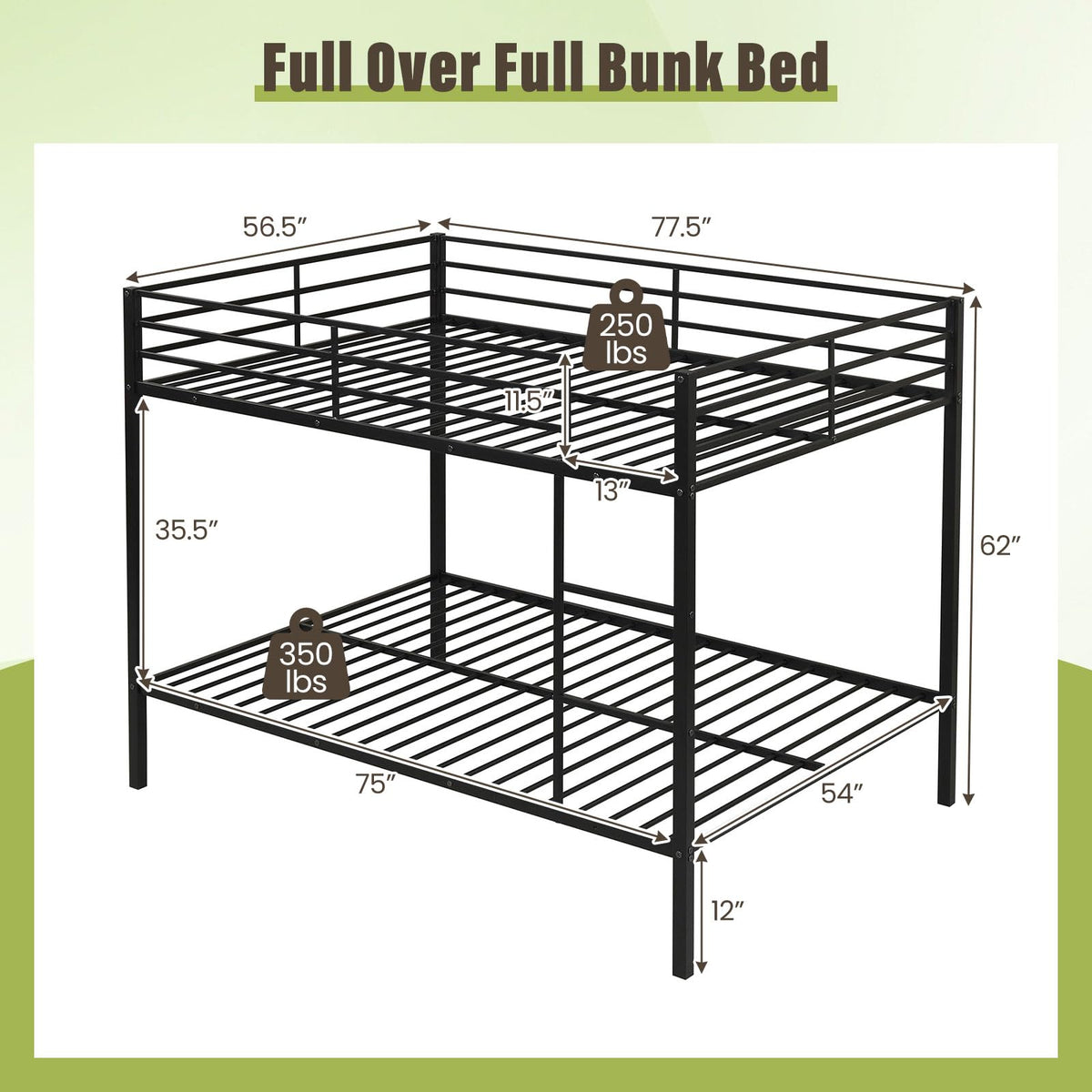 Goflame Heavy-Duty Metal Bunk Bed Full Over Full with Ladder & Full Length Safety Guardrail