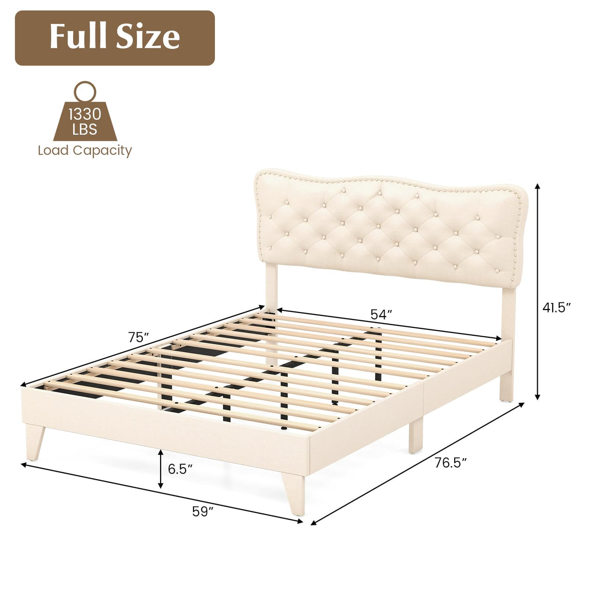 Goflame Full Size Bed Frame Beige, Linen Fabric Upholstered Platform Bed Frame with Nail Headboard