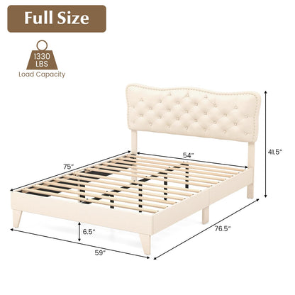 Goflame Full Size Bed Frame Beige, Linen Fabric Upholstered Platform Bed Frame with Nail Headboard