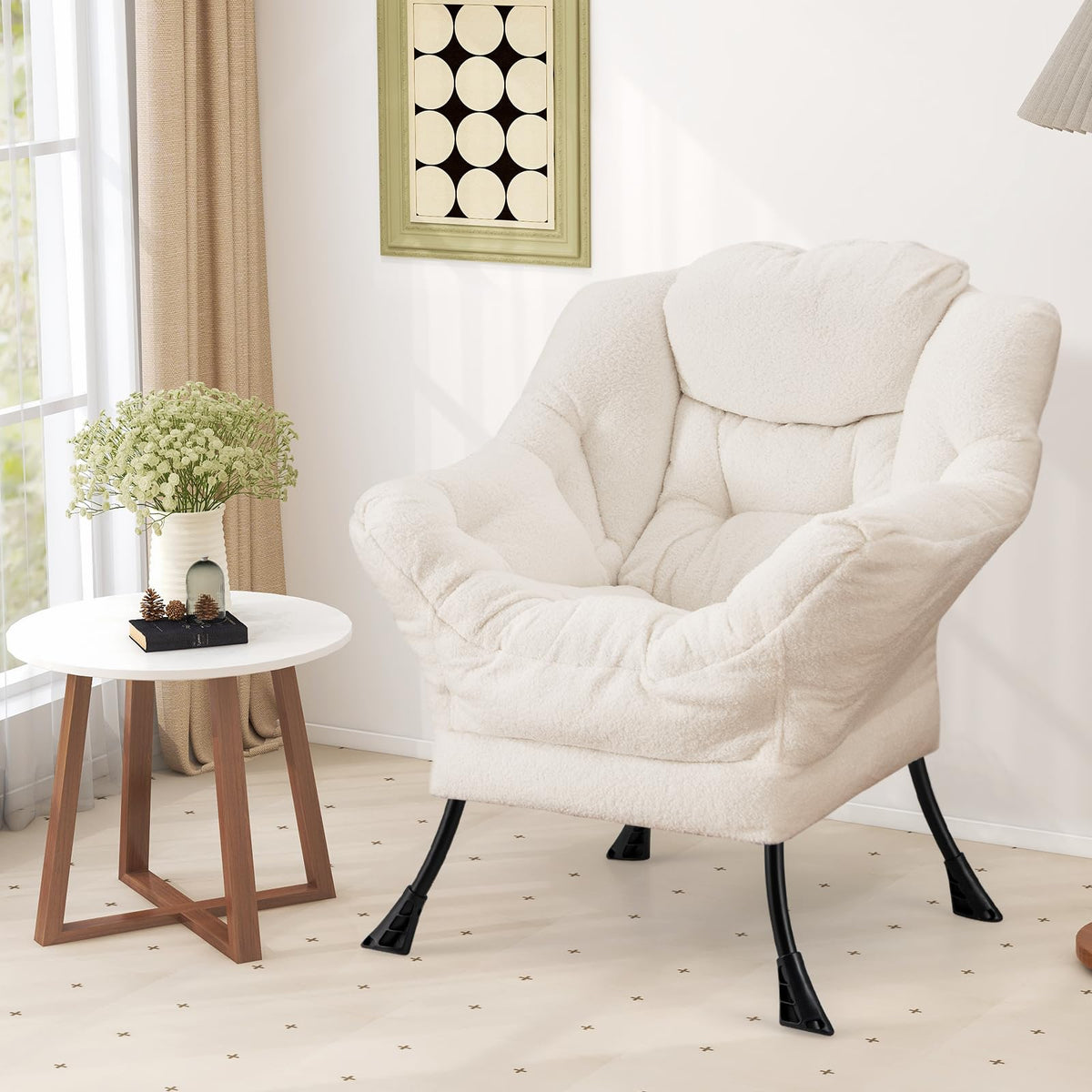 Goflame Set of 1/2 Lazy Chairs, Modern Sherpa Accent Chair w/Upholstered Single Sofa Chair w/Armrests & Side Pocket
