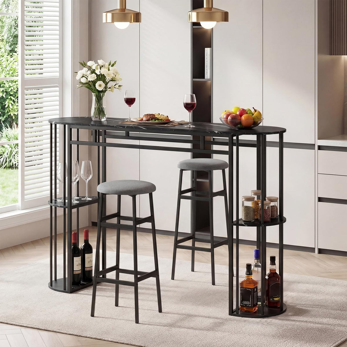 Goflame 3 Pieces Bar Table Set for 2 with 2 Padded Stools