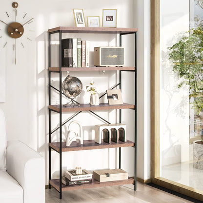 Goflame Industrial 5-Tier Wood Bookshelf - 63’’ Tall Open Storage Organizer Shelves with Anti-Tipping Device and Foot Pads