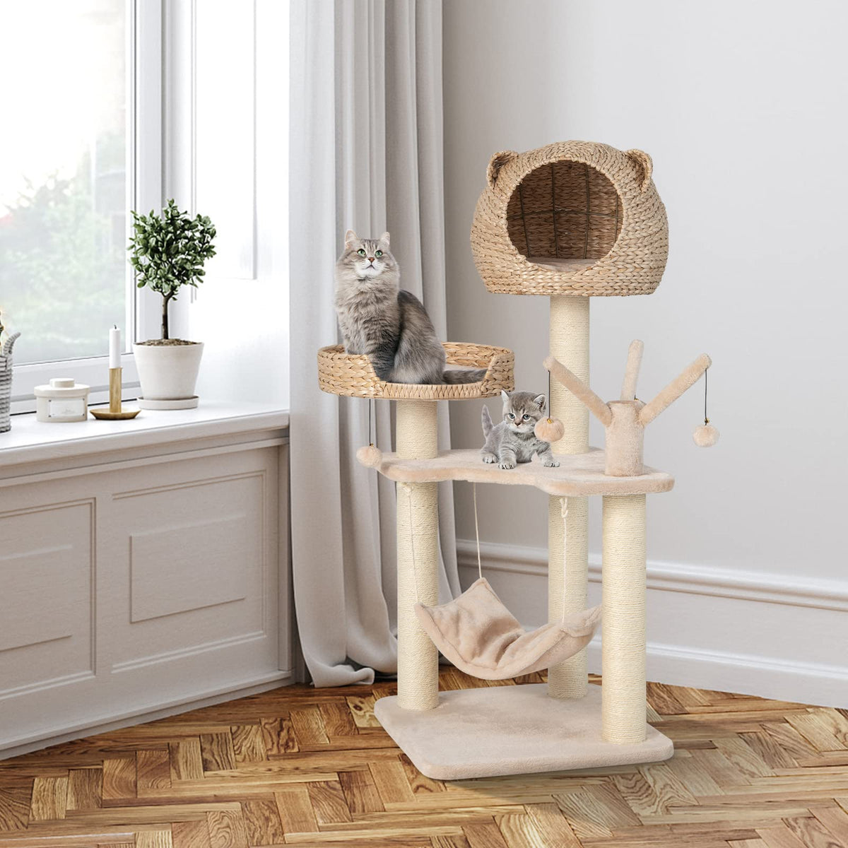 Goflame Wooden Cat Tree, 48 inches Cat Tower with Cattail Condo, Cat Bed, Hammock, Rotatable Jingling Balls