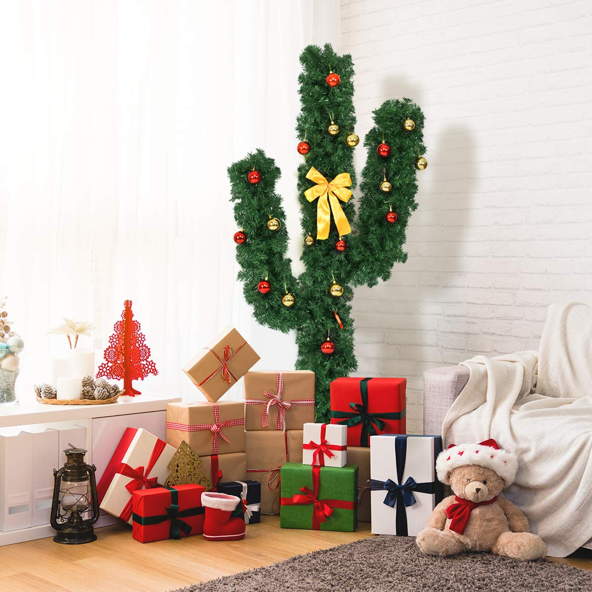 Goflame Pre-Lit Artificial Cactus Christmas Tree with LED Lights and Ball Ornaments - GoflameUS