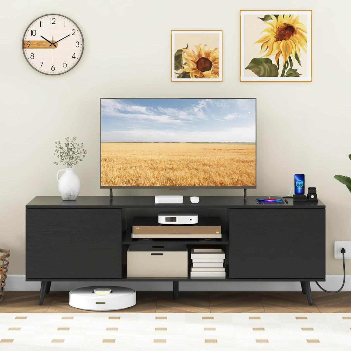 Goflame TV Stand with Power Outlet for TVs up to 60'', Entertainment Center with Cable Hole, Cabinets
