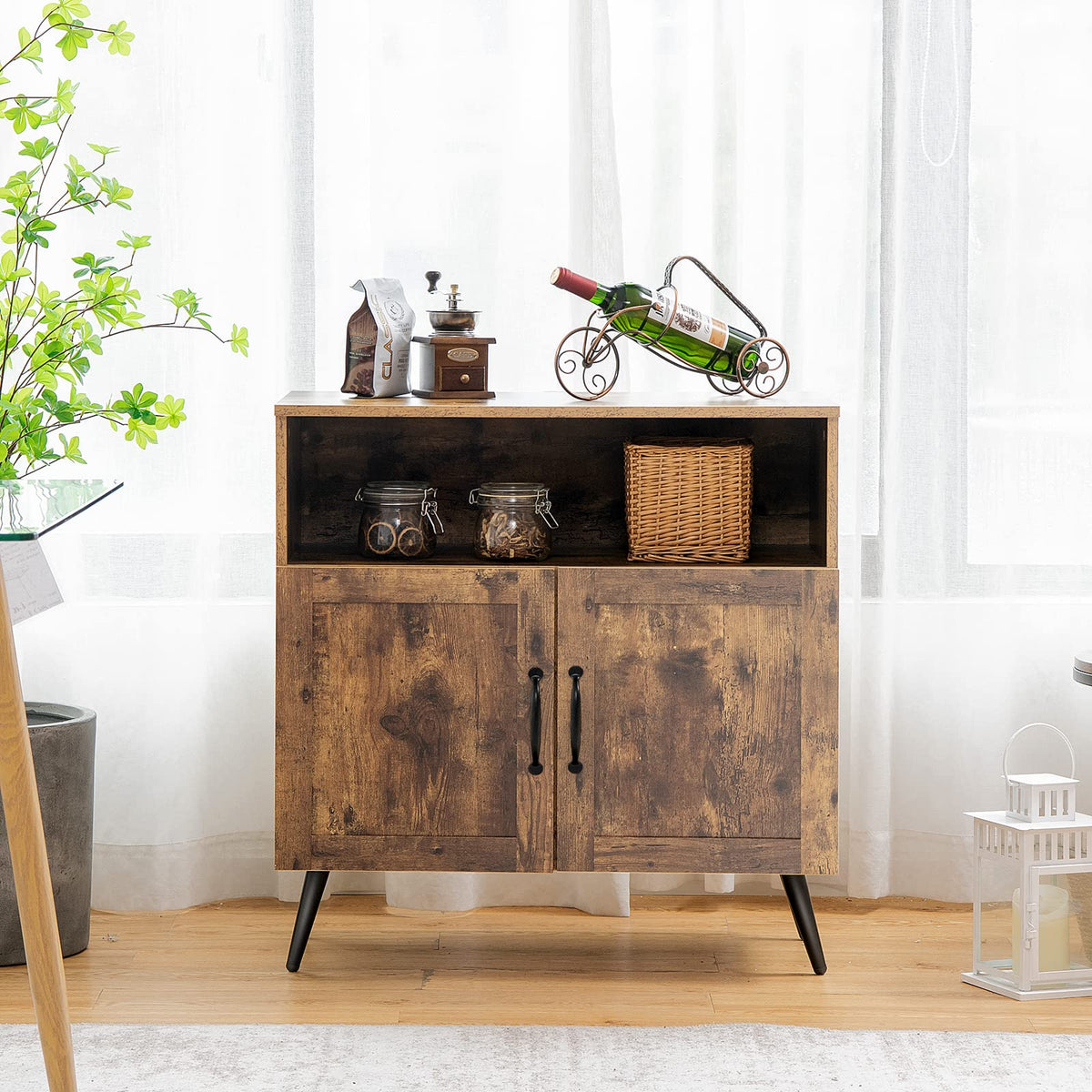 Goflame Mid-Century Storage Cabinet, Wooden Floor Cabinet with 2 Doors, Rustic Brown