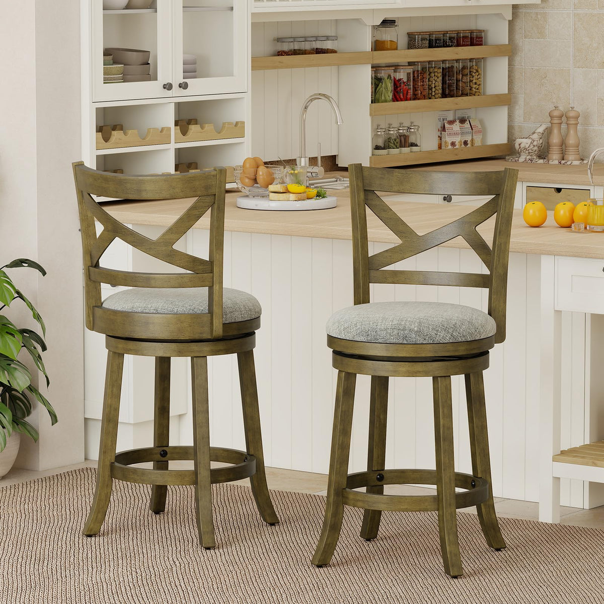 Goflame Wood Swivel Bar Stools Set of 2/4 with Backrests and Wood Frame