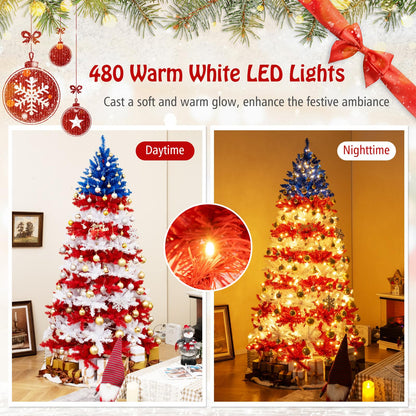Goflame 7.5 FT Pre-Lit Patriotic Artificial Christmas Tree, Flag-Themed Hinged Xmas Tree with 480 Warm White LED Lights
