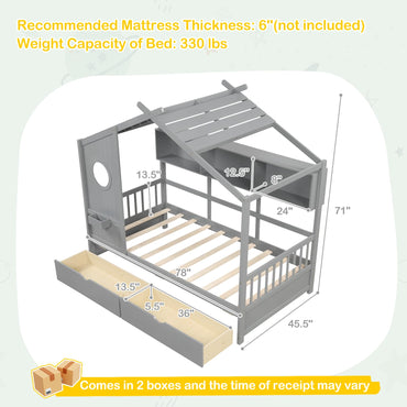 Goflame Twin House Bed with 2 Storage Drawers, Kids Bed Frame with Storage Cubes, Montessori Bed with Fence Guardrails & Roof