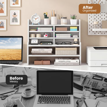Goflame Desk Organizer | Wooden 6 Tier Storage Rack with 2 Removable Shelves