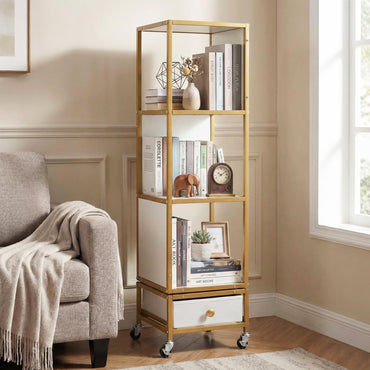 Goflame 4-Tier Rotating Bookshelf | 360° Spinning Corner Book Shelf Tower W/Removable Fabric Storage Drawer