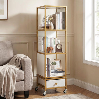 Goflame 4-Tier Rotating Bookshelf | 360° Spinning Corner Book Shelf Tower W/Removable Fabric Storage Drawer