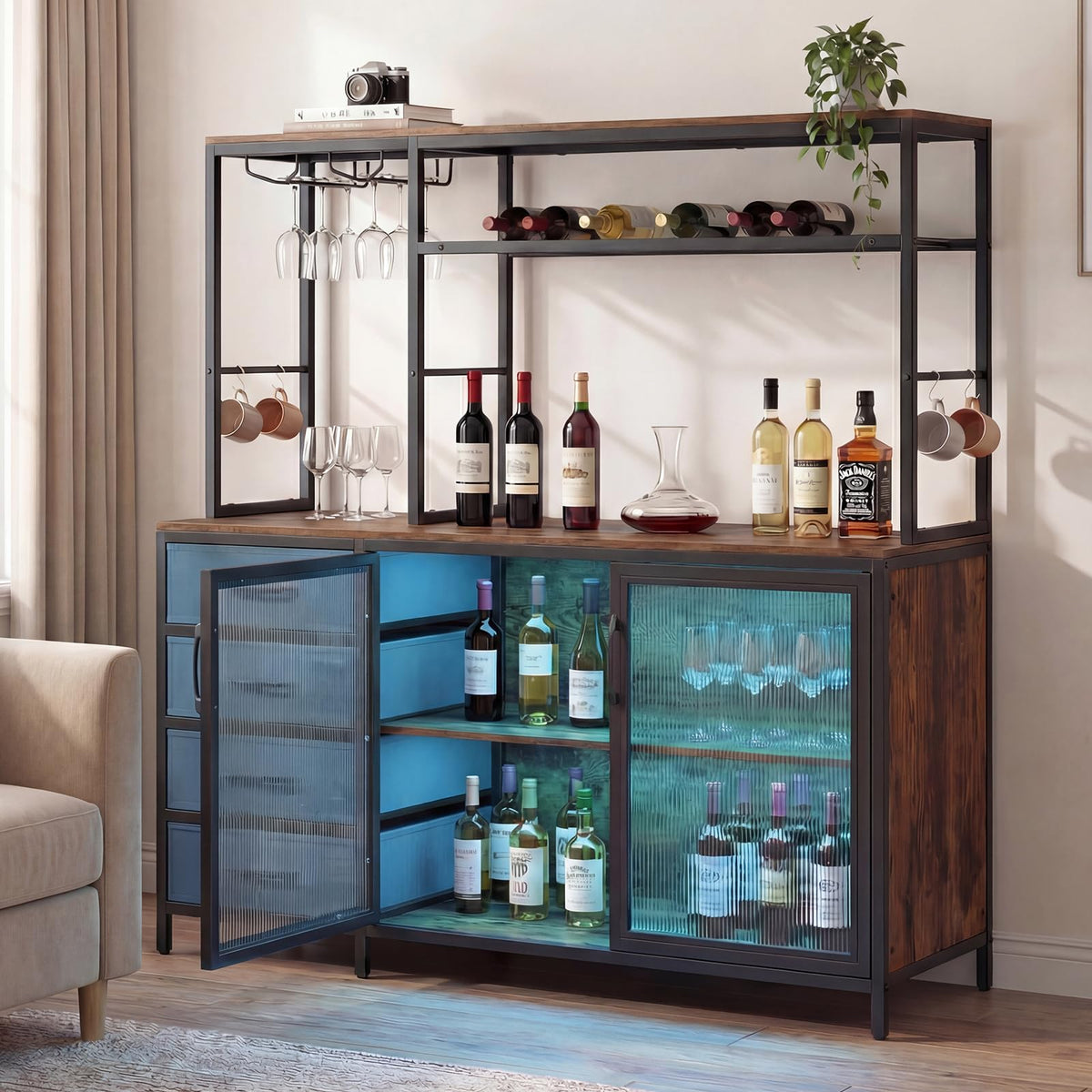 Goflame Tall Wine Bar Cabinet with LED Lights for Kitchen